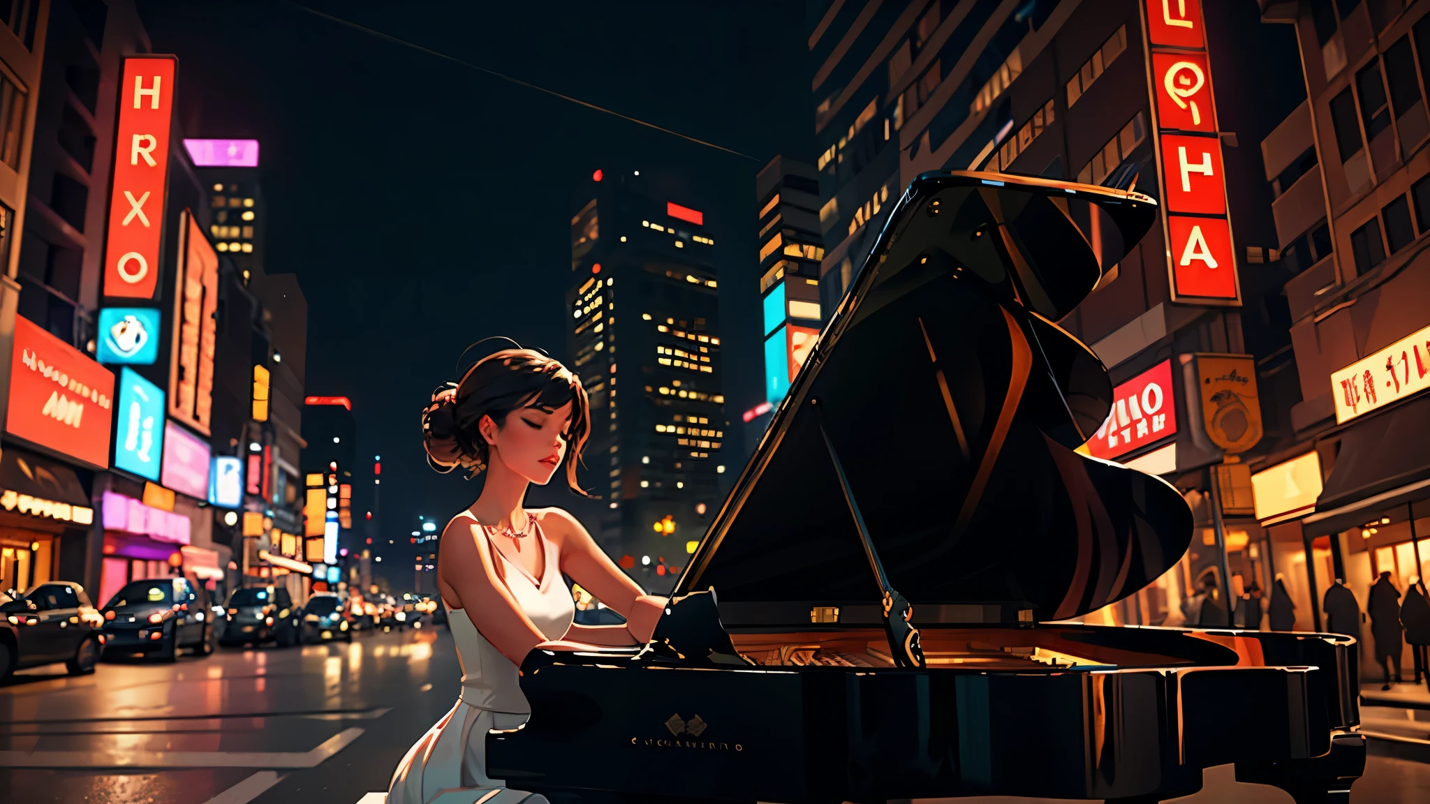 [Core Concept] A young woman playing piano in the middle of an urban street.

[Character Description] A beautiful, youthful woman with delicate features and graceful movements, her fingers dancing across the piano keys with elegant poise and concentration.

[Environment/Background] The scene takes place on a bustling urban street, surrounded by towering buildings, neon signs, and the hustle and bustle of city life. Pedestrians and vehicles weave through the background, creating a dynamic and vibrant atmosphere.

[Style and Atmosphere] The image has a dreamlike, almost surreal quality, with a soft, romantic lighting that bathes the woman and her piano in a warm, ethereal glow, contrasting with the gritty, modern urban setting.

[Composition] The woman and her piano are positioned at the center of the frame, commanding attention and creating a striking focal point. The surrounding cityscape frames and complements the central figure, drawing the viewer's eye towards the mesmerizing performance.

[Details and Embellishments] The woman's expression is one of deep focus and passion, her eyes closed as she loses herself in the music. The piano itself is a sleek, grand instrument, its glossy black surface reflecting the lights of the city.

[Technical Specifications] The image is rendered in a photorealistic style, with a high level of detail and attention to lighting, texture, and perspective, creating a sense of immersion and realism.