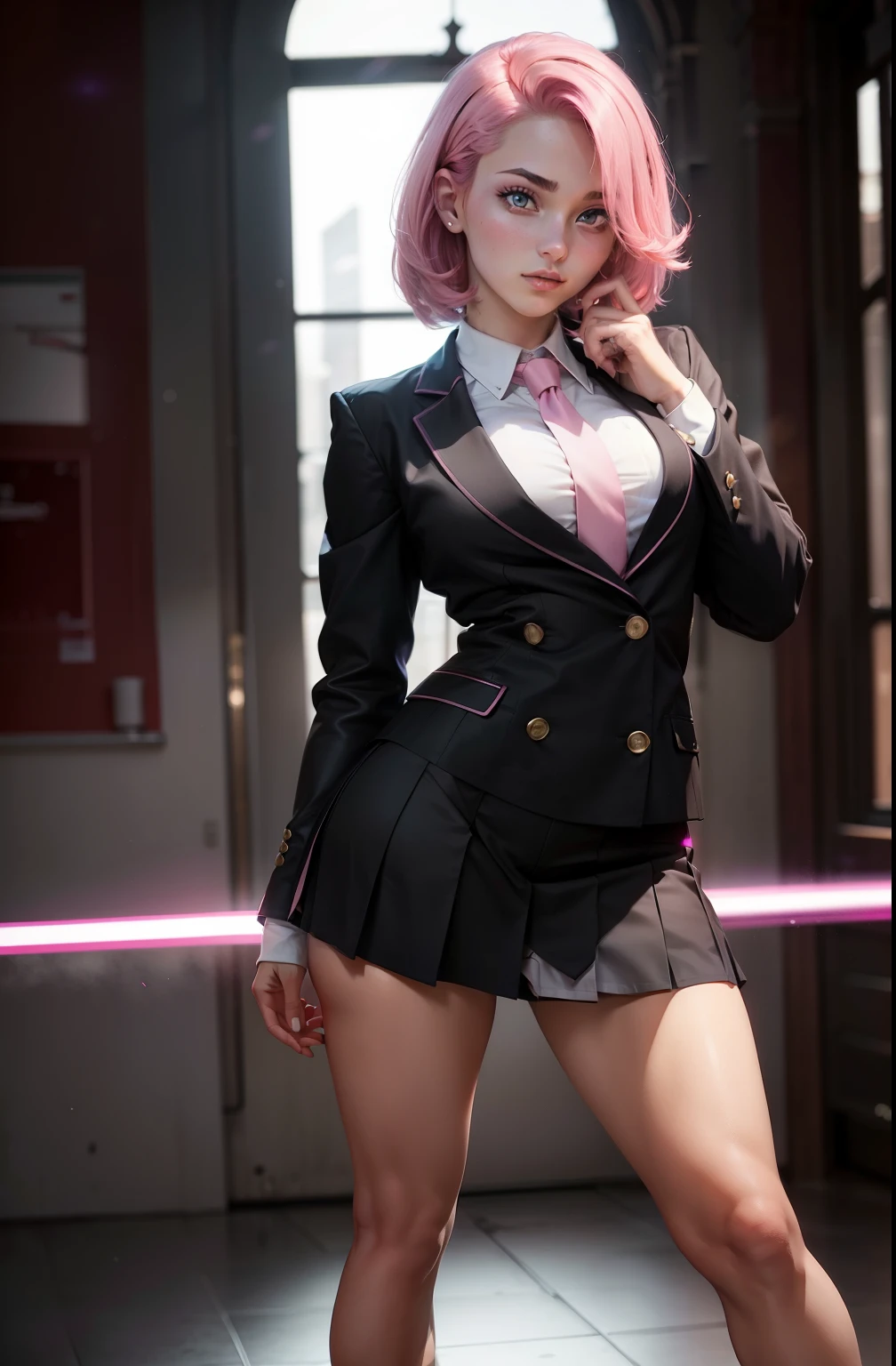 full body shot of sexy 19-year old, (school uniform), pink hair, ((eyes glowing)), (calm look), stunning, black hair, fancy haircut, (free hands:1.3), (strong pose),