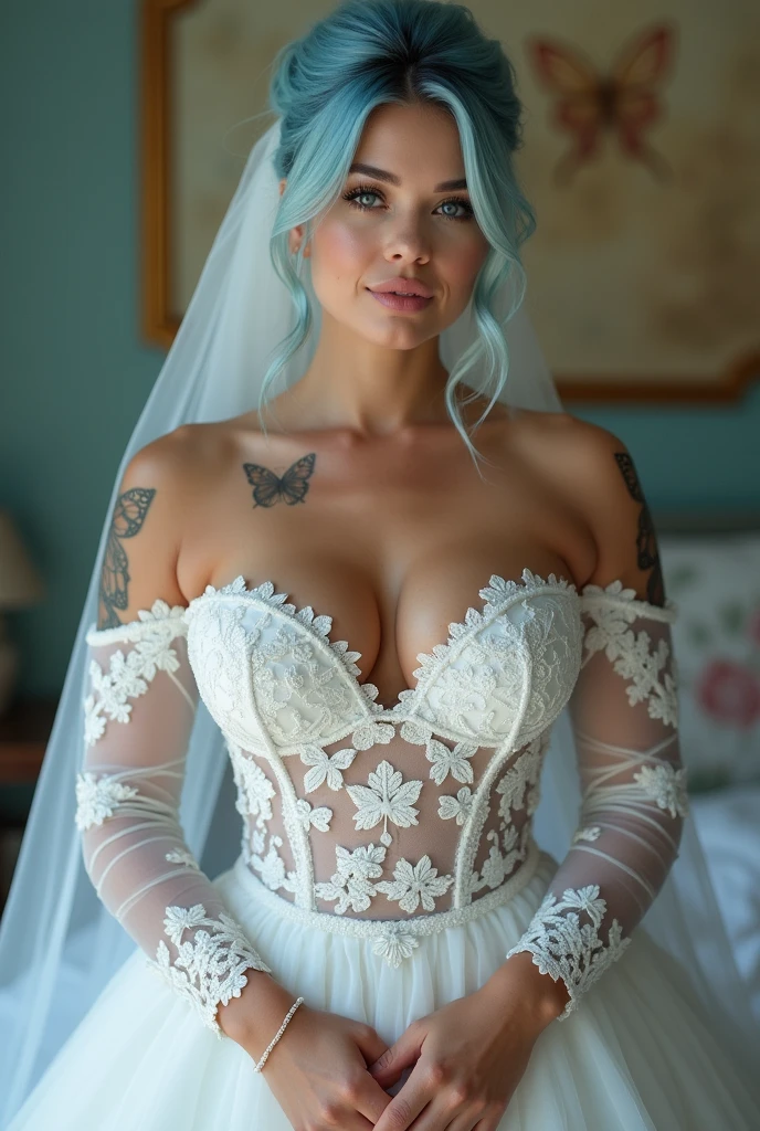 Woman (late 20's), small belly, butterfly tattoos on arms and shoulders, light blue hair in bun, pale white skin with freckles, bright blue eyes, curvy huge perky breast, thick legs, big perfectly butt, skin tight strapless wedding dress with long sleeves (butterfly mesh), breast cleavage, slutty pose