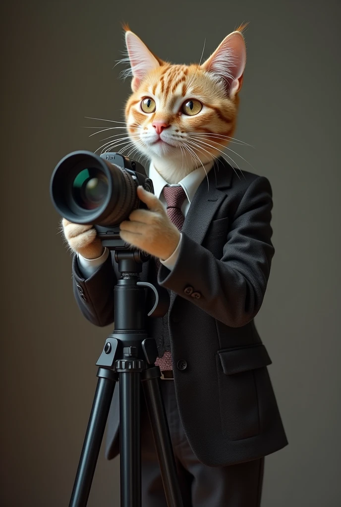 Cute cat cat，Personification，Standing，Hold the camera，tripod，Photographer，Photo gesture，,Suit,tie, (Delicate face), (Fine fluffy fur)，（35mm Cinema Lens），（Multi-angle shooting），（many viewing angles）