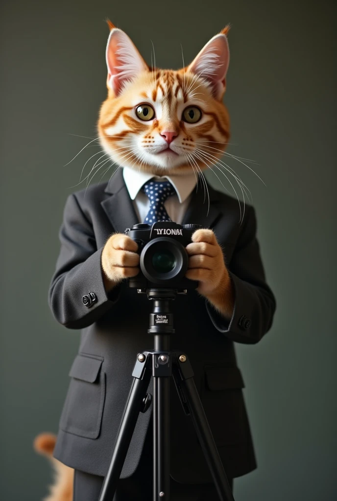 Cute cat cat,Personification,Standing,Hold the camera,tripod,Photographer,Photo gesture,,Suit,tie, (Delicate face), (Fine fluffy fur),(35mm Cinema Lens),(Multi-angle shooting),(many viewing angles)