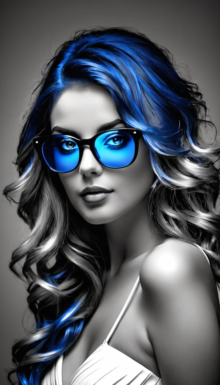 Photo noir et blanc et bleu profond, une femme heureuse et rayonnante de bonheur aux yeux bleus sublimes, (longs cheveux bleus foncé aux reflets électriques très détaillés), une grande paire de fines lunettes en titane , une peau impeccable, tir à moitié du corps, tenant une rose darkblue, intensité du regard captivant, style de photographie fantaisiste, capturé avec un appareil photo, Cinématique, Éclairage dramatique, Extrêmement clair, masterpiece surréaliste à couper le souffle.
