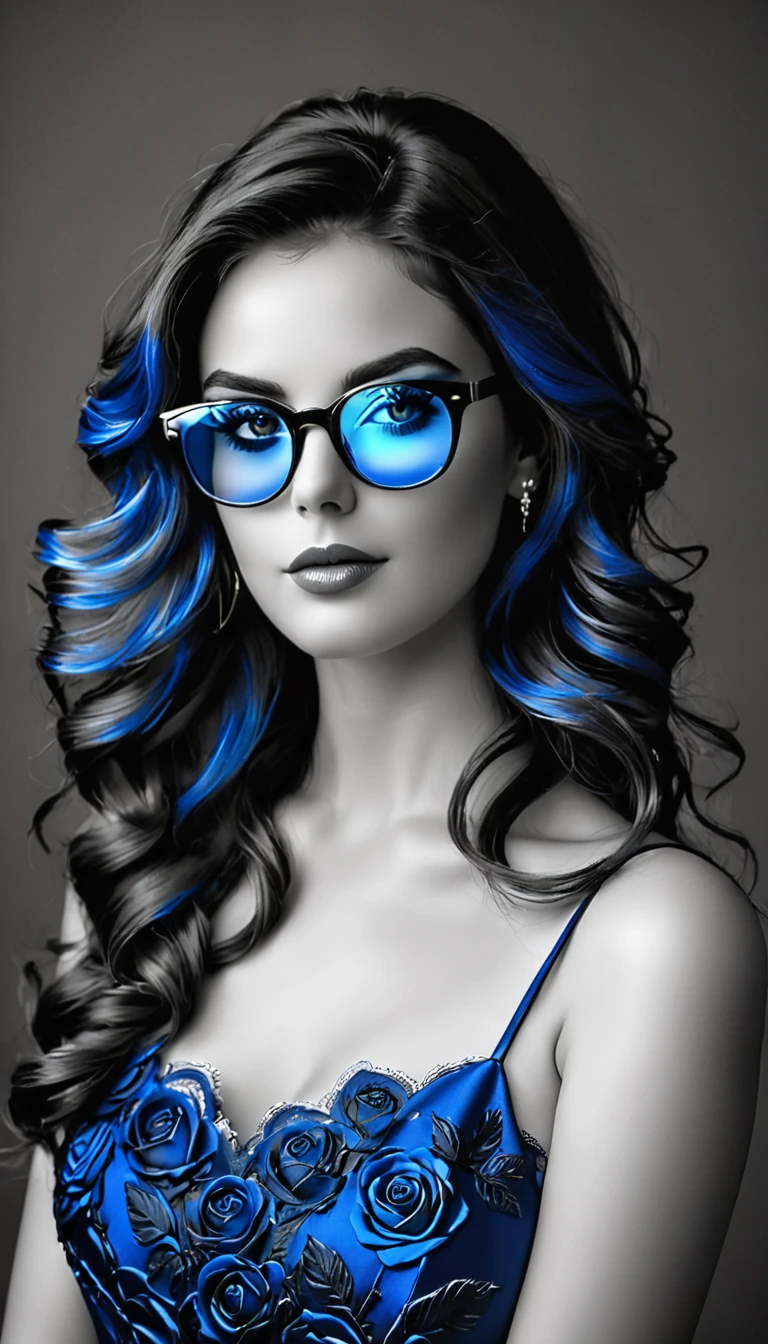 Photo noir et blanc et bleu profond, une femme heureuse et rayonnante de bonheur aux yeux bleus sublimes, (longs cheveux bleus foncé aux reflets électriques très détaillés), une grande paire de fines lunettes en titane , une peau impeccable, tir à moitié du corps, tenant une rose darkblue, intensité du regard captivant, style de photographie fantaisiste, capturé avec un appareil photo, Cinématique, Éclairage dramatique, Extrêmement clair, masterpiece surréaliste à couper le souffle.
