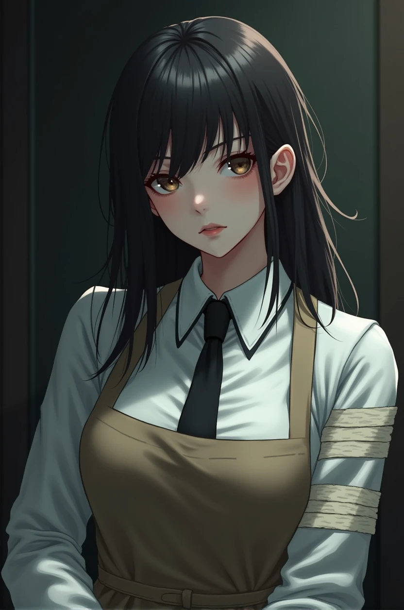 ((masterpiece, best quality)), (1 Girl), (Solitary), (Women&#39;s Focus), night (Chainsaw Man),(Very rich facial details, Real images, Realistic white skin, Realistic body, Intricate details), Upper Body, Serious , Brown eyes, Looking at the audience, bandage over the body, Black Hair, Long-sleeved shirt, Apron Dress, Black tie, bandage, bandage, Small Breasts