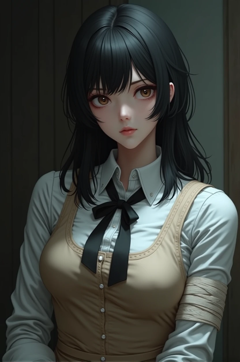 ((masterpiece, best quality)), (1 Girl), (Solitary), (Women's Focus), night (Chainsaw Man),(Very rich facial details, Real images, Realistic white skin, Realistic body, Intricate details), Upper Body, Serious , Brown eyes, Looking at the audience, bandage over the body, Black Hair, Long-sleeved shirt, Apron Dress, Black tie, bandage, bandage, Small Breasts