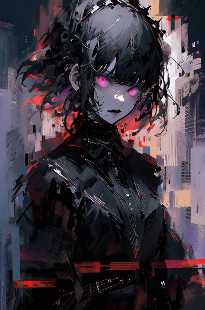 (Highly detailed CG Unity 16k wallpaper:1.3),
(Non-representational art,Bright colors, Wide-angle, The visuals are,Very rough strip:1.3),
Decadent illustration style,Meiji Art,
Pixelated chaos,lith printing,
Ultra-high resolution,
Horror,scared,
(Black Hair,Glowing purple eyes,devil,Goth,Heavy Metal Music Theme:1.5),
 Rainy white background, scenery, ink, Mountain々, water, Open the edge of the wood, Anime Style, Afterimage, 