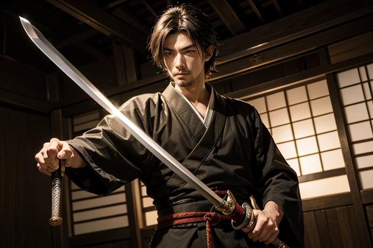(Highest quality、 8k 、masterpiece、High resolution)、Japanese Samurai、1. Man、A young Edo period swordsman、Musashi Miyamoto、Dual-wielding master、Holding the hilt of a sword、(The blade is about 80cm long.、The stem is short, about 30 cm.、The sword has a rounded tsuba)、Official Art、Detailed CG、
