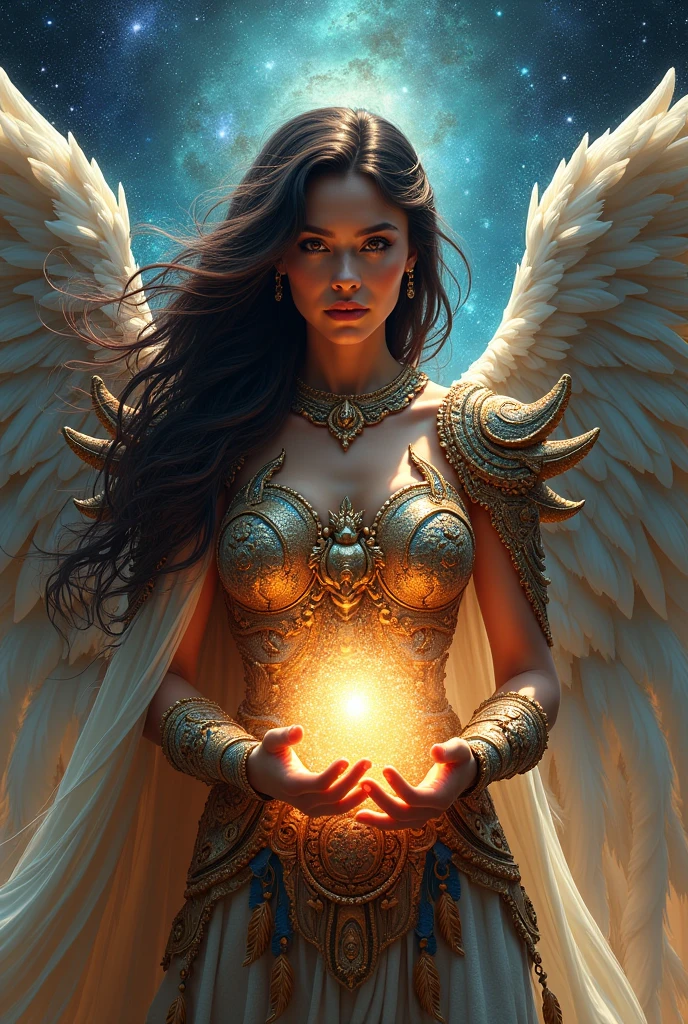high details, best quality, 16k, [best detailed], masterpiece, best quality, (extremely detailed), a picture of a beautiful female Latina angel, looking through  a magical portal onto hell, the portal has magical pink magical wards on it, she sees the fiery hell and rolling inferno faize , GlowingRunes_paleblue, GLOWING STYLE, feathered wings