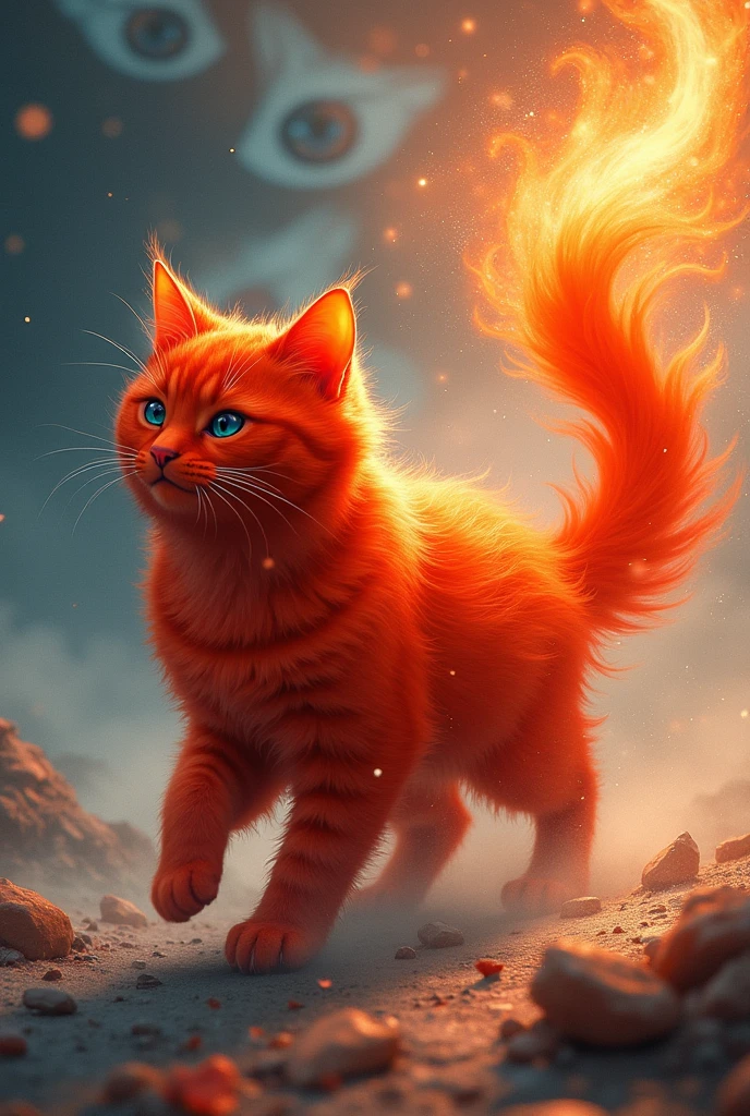 Passionate cat. The flame of the red beautiful cat tail gradually extinguishes. The background of blue eyes is Chinese style. It has a sense of speed and is moving towards the love on the top of the mountain.