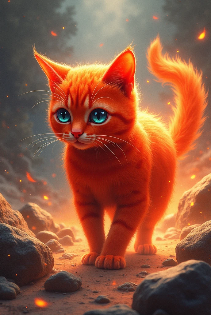 Passionate cat. The flame of the red beautiful cat tail gradually extinguishes. The background of blue eyes is Chinese style with a sense of speed.