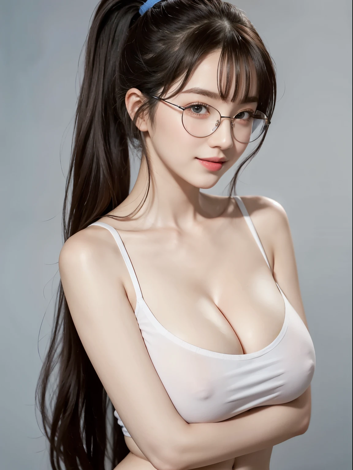 (Best quality, masterpiece, detailed), (RAW, 4k, hd images), 1 girl, , white skin, long hair, ponytail, layers hair, bangs, black hair, beautiful girl, cute girl, sweet girl, pretty girl, perfect girl, perfect body, pretty eyes, blue eyes, thin lips, (eye line, lip soft), big round breast, glasses, wayfare, simple background, smile, waist, hips, random Tshirt, half body, modeling pose, free style pose, random angle capture, huge round breast, large round breast, cleavage, free style hands