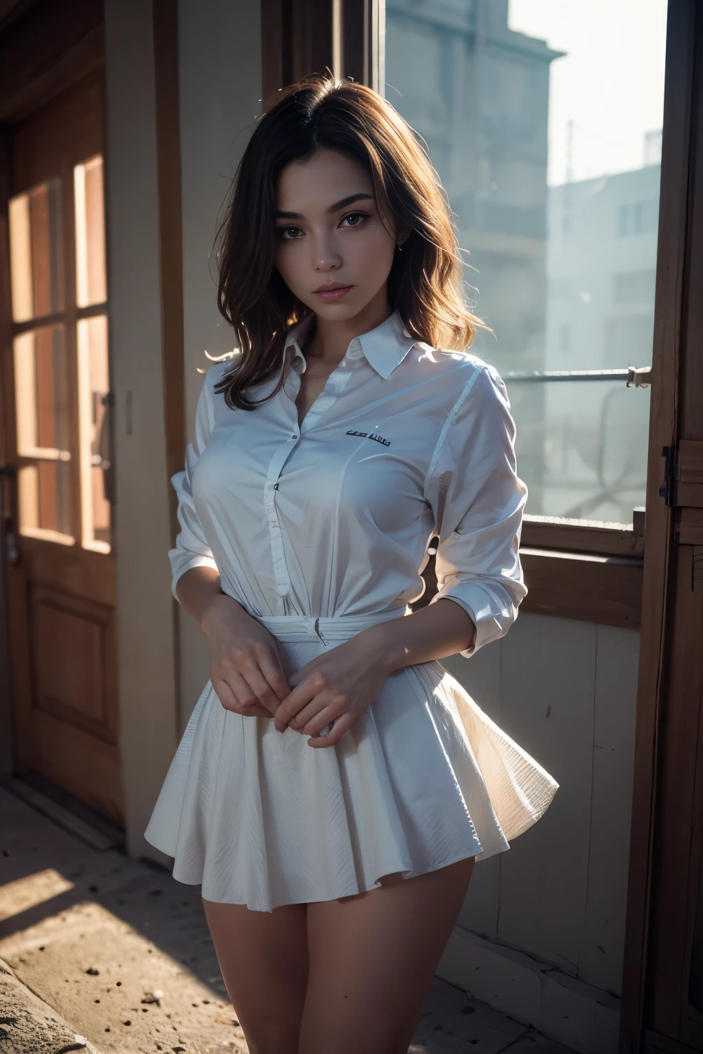 ((masterpiece:1.4, best quality:1.2)), 1 girl with long bob hairstyle, White的头发, Red Eyes, Bright Eyes, Dress neatly, Pale skin, Mechanical Parts, Science fiction, Cowboy shooting, Gradient background, full length, White, skirt, shirt, sports shoes. High Detail, high quality, [[photoPractical Chromatic aberration]], Digital photo, HDR, high Compared, (Cowboy shooting), masterpiece. [The scene was shrouded in fog, Create a mysterious and eerie atmosphere. Dim lighting，atmosphere, 带着一丝阴险的atmosphere. best quality image, HDR enhancement, Displaying the highest level of detail and realism]. [8K, best quality, Ultra-high resolution, (Very detailed CG unity 8K wallpaper), (Best photos), (best shadow), Isometric 3D, Octane Rendering, Ray Tracing, Very detailed, (best quality, 4K, 8K:1.2), absurd, Extremely detailed, (Practical, photoPractical, photoPractical:1.37), Complex parts, HDR, (Complex parts:1.12), (Ultra Detailed, hyper Practical, Soft lighting, Spicy:1.2), (Complex parts, Ultra Detailed:1.15). Blurred foreground. (Backlight), masterpiece, high quality, brightness, Chromatic Aberration, shadow, Compared, Clear skies, (Warm colors, Warm colors), High Detail, Natural anti-detail.