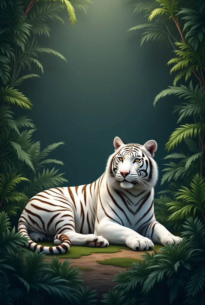 A white tiger lying with a jungle background , simple
