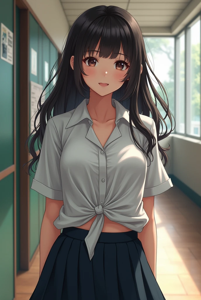 Create real life picture of a teenage girl wearing school uniform untucked from skirt