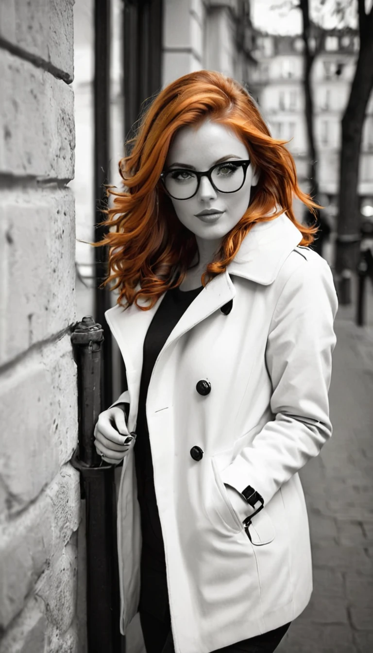 Photo noir et blanc et deux autres couleurs, une sublime femme rousse heureuse et rayonnante de bonheur aux yeux verts foncés sublimes, (longs cheveux roux électriques très détaillés), une grande paire de fines lunettes en titane , une peau impeccable, tir de tout le corps, intensité du regard captivant, style de photographie fantaisiste, capturé avec un appareil photo, Cinématique, Éclairage dramatique, Extrêmement clair, masterpiece surréaliste à couper le souffle.
