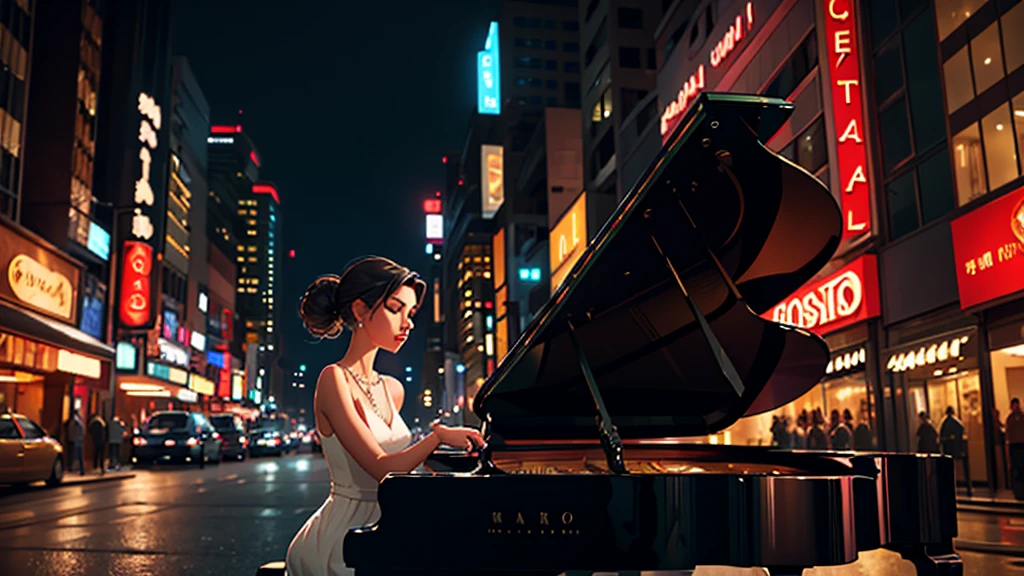 [Core Concept] A young woman playing piano in the middle of an urban street.

[Character Description] A beautiful, youthful woman with delicate features and graceful movements, her fingers dancing across the piano keys with elegant poise and concentration.

[Environment/Background] The scene takes place on a bustling urban street, surrounded by towering buildings, neon signs, and the hustle and bustle of city life. Pedestrians and vehicles weave through the background, creating a dynamic and vibrant atmosphere.

[Style and Atmosphere] The image has a dreamlike, almost surreal quality, with a soft, romantic lighting that bathes the woman and her piano in a warm, ethereal glow, contrasting with the gritty, modern urban setting.

[Composition] The woman and her piano are positioned at the center of the frame, commanding attention and creating a striking focal point. The surrounding cityscape frames and complements the central figure, drawing the viewer's eye towards the mesmerizing performance.

[Details and Embellishments] The woman's expression is one of deep focus and passion, her eyes closed as she loses herself in the music. The piano itself is a sleek, grand instrument, its glossy black surface reflecting the lights of the city.

[Technical Specifications] The image is rendered in a photorealistic style, with a high level of detail and attention to lighting, texture, and perspective, creating a sense of immersion and realism.