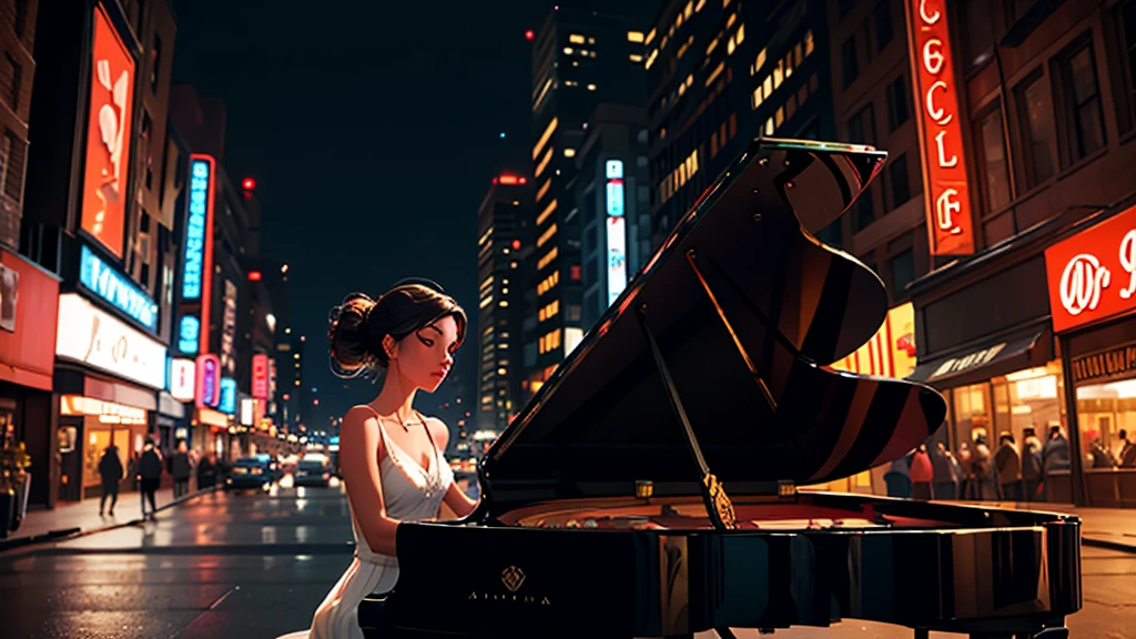 [Core Concept] A young woman playing piano in the middle of an urban street.

[Character Description] A beautiful, youthful woman with delicate features and graceful movements, her fingers dancing across the piano keys with elegant poise and concentration.

[Environment/Background] The scene takes place on a bustling urban street, surrounded by towering buildings, neon signs, and the hustle and bustle of city life. Pedestrians and vehicles weave through the background, creating a dynamic and vibrant atmosphere.

[Style and Atmosphere] The image has a dreamlike, almost surreal quality, with a soft, romantic lighting that bathes the woman and her piano in a warm, ethereal glow, contrasting with the gritty, modern urban setting.

[Composition] The woman and her piano are positioned at the center of the frame, commanding attention and creating a striking focal point. The surrounding cityscape frames and complements the central figure, drawing the viewer's eye towards the mesmerizing performance.

[Details and Embellishments] The woman's expression is one of deep focus and passion, her eyes closed as she loses herself in the music. The piano itself is a sleek, grand instrument, its glossy black surface reflecting the lights of the city.

[Technical Specifications] The image is rendered in a photorealistic style, with a high level of detail and attention to lighting, texture, and perspective, creating a sense of immersion and realism.