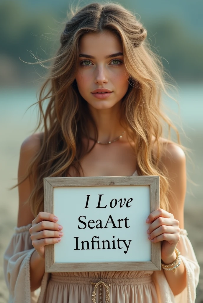Beautiful girl with wavy long hair, bohemian dress, holding a white board with text "I Love Seaart Infinity" and showing it to the viewer