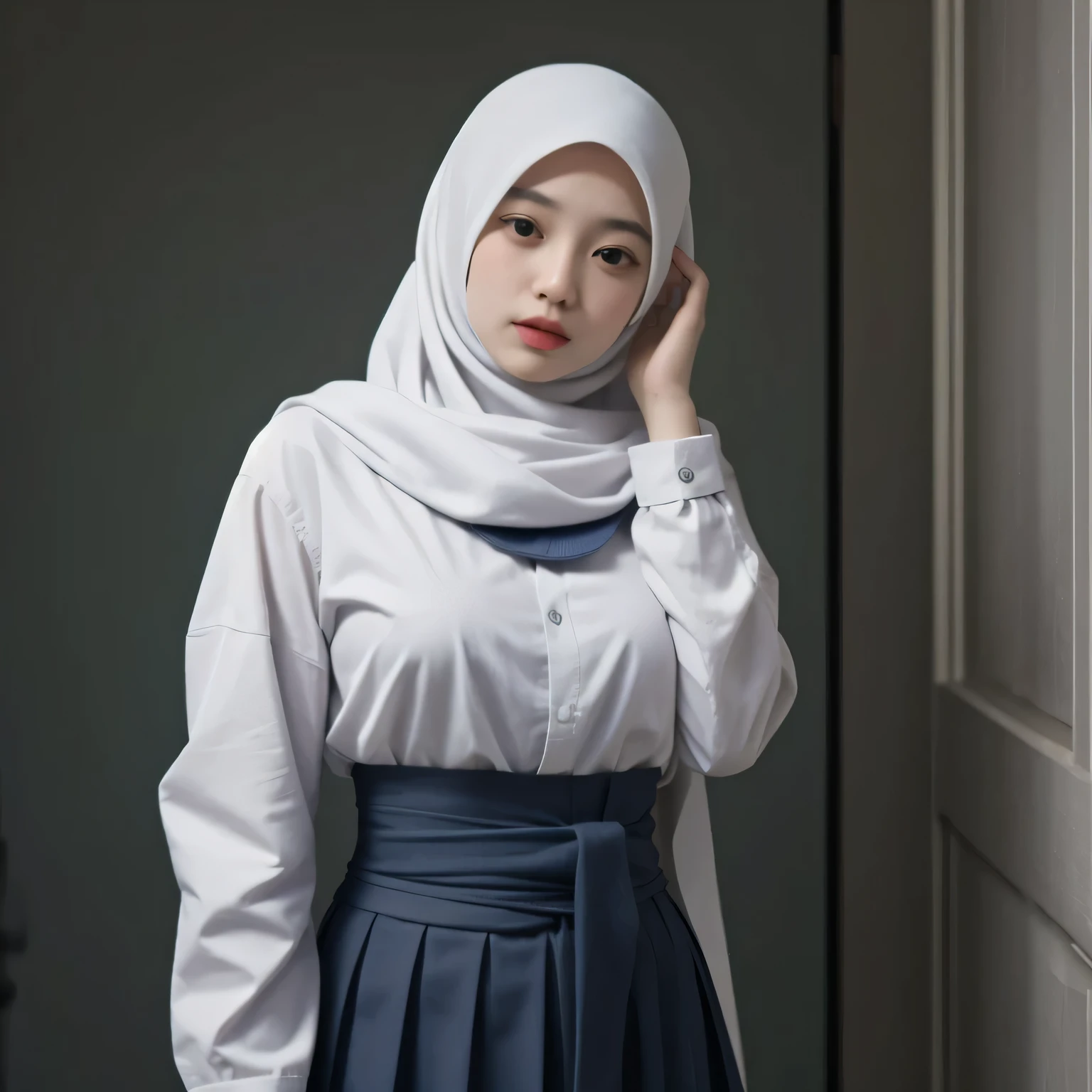 Photo of an beautiful woman, pretty face, (white hijab), young, seragamsmahijab, school, waist up shot