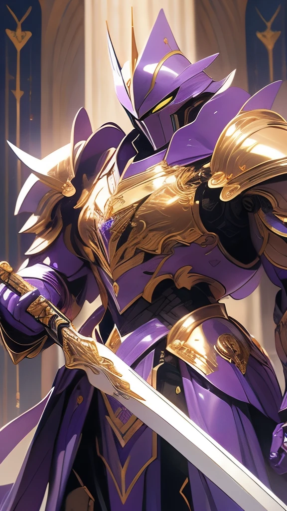 a painting of a man in armor holding a sword, purple armor, by Roman Bezpalkiv, gold heavy armor. dramatic, by Carlos Berlanga, by Auseklis Ozols, sleek purple armor, by Wladyslaw Strzeminski, ares with heavy armor and sword, powerful warrior, by Slawomir Maniak