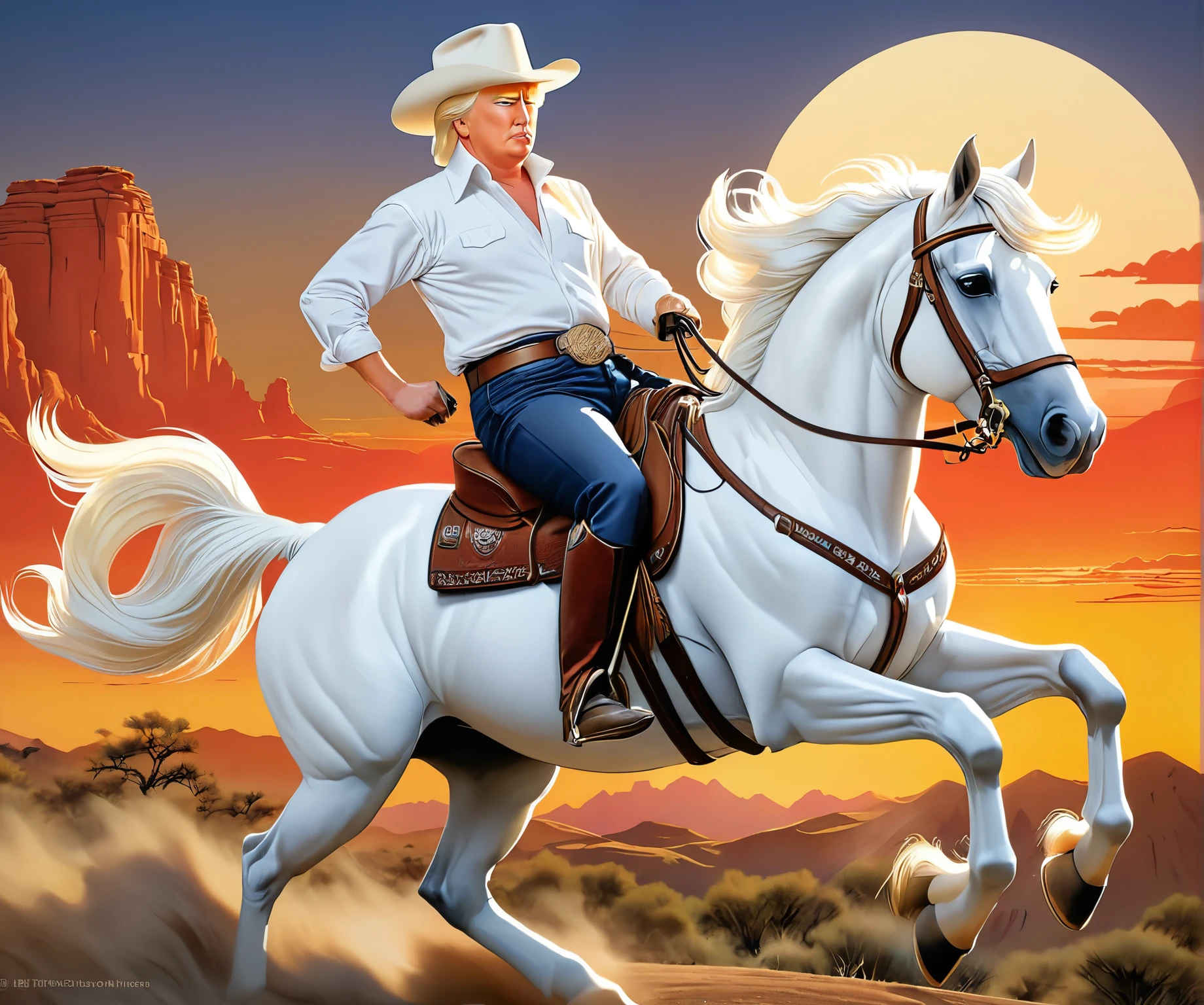 america propaganda poster of a smart Donald Trump wear cowboy ridding a white horse at sunset, ukiyoe,