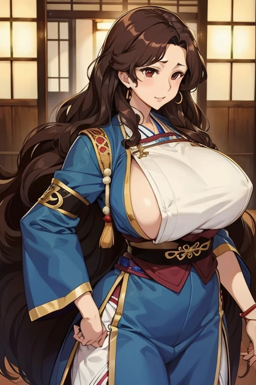 long hair, brown brown hair, curly hair, , japanese clothes, blue outfit, bracelets, big boobs ahegao tempting I like it