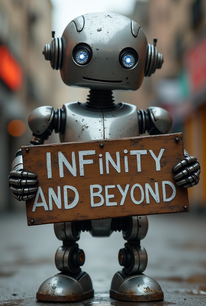 a metallic robot holding sign that says to infinity and beyond
