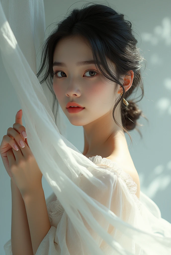 a cute Woman wearing a White cape, dramatically covering her eYes with one hand