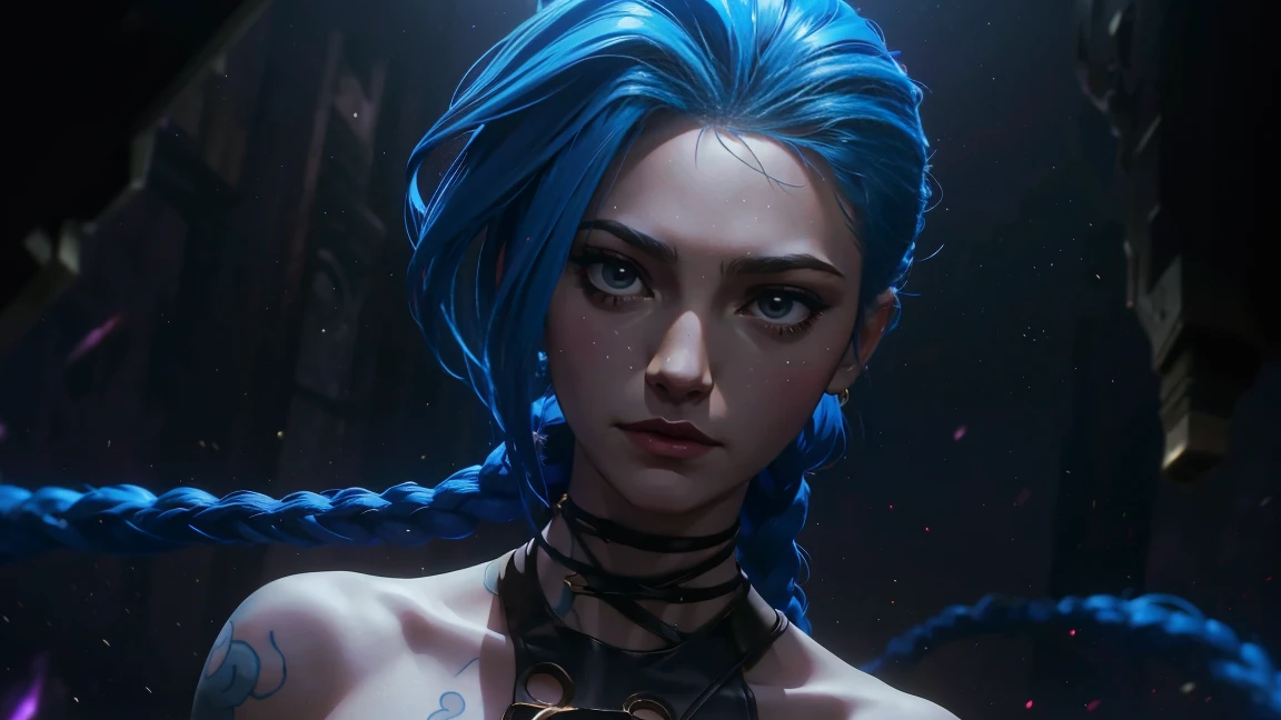 (masterpiece, Best quality), 1 girl, portrait very detailed face, very sexy, volume , full length (Whole body 1.1.), Crazy look, smile, pink tears, (tears on the cheeks, tears from eyes,) очень female, fighting stance, combat, neon lettering, explosions, darkness, fog, beautiful waist, gloomy composition, flame, fire, Flash, very beautiful, female, long hair, hair braided in long braids, very sexy, skinny leather pants, Focus on the eyes, emphasis on the face, Beautiful face, hands, Kosaed tail, red purple eyes, Jinx is crying, Blue Cloud Tattoo, (masterpiece, Best quality), Side lighting, beautiful detailed eyes, crazy face), (Best quality), (masterpiece), magic photography, impressive lighting, photorealism, Ultra detailed, intimate portrait composition, 1. 4,8 thousand. uhd, aesthetic, cd., a high resolution, 8 thousand., Better lighting, Best shade, Ultra-HD, a high resolution, Sharp Focus, complex background, cinematic lighting, ((landscape view)), block 4K, (Better lighting), ((cinematic lighting)),