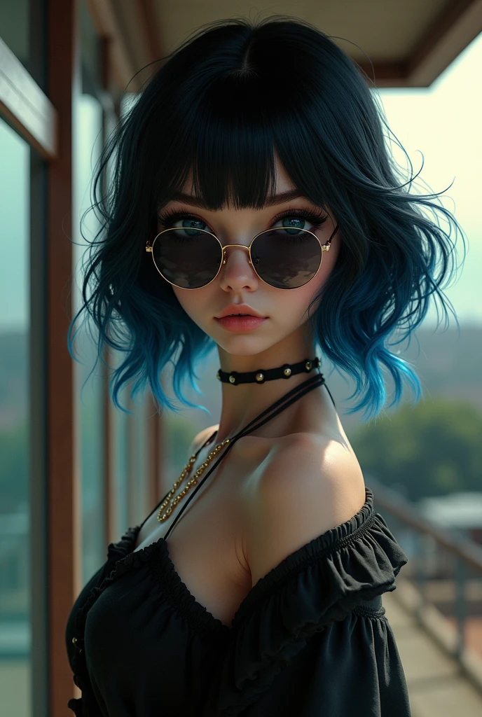 A girl in vintage clothing with sunglasses and black hair with blue tips