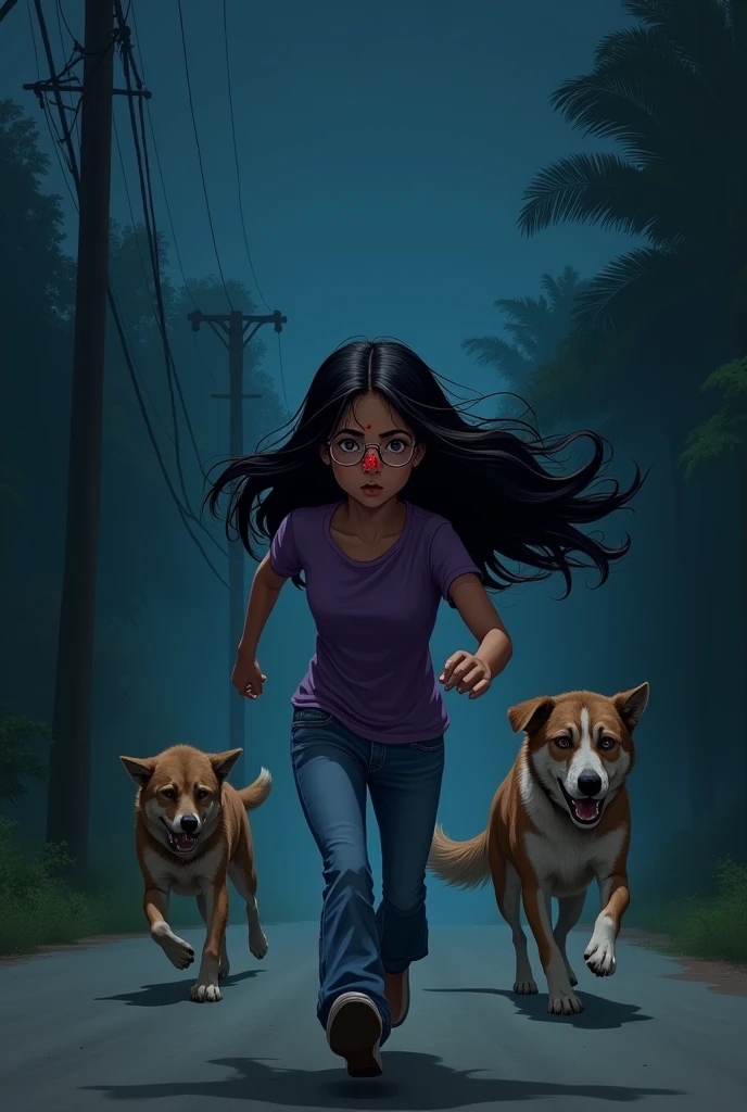 A girl on road chasing 2 dogs
The dogs should be bigger. It should be night time. The girl should have black open hair till chest level. She also should have a round spectacles. And a red round wound in the nose. She should scare the dogs. The girls wears a purple top and jeans. The hair should be wavy till waist. It is a Indian Kerala girl. The dogs should be scared and running away from her at a distance