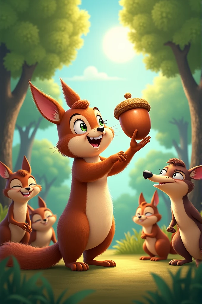 Sammy the squirrel showing off his shiny acorn to a group of forest animals, including other squirrels and birds, with a mix of envy and frustration on their faces."