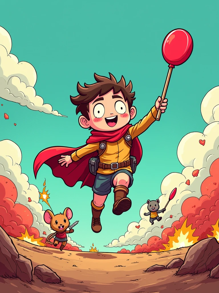 Cartoon style, battlefield, heroic spirit, includes lollipop, frying pan, pet mouse, pig, and other cartoon elements, turquoise background, red accents, a heroic cartoon character leading a charge, holding a lollipop like a sword, frying pan strapped to the back, pet mouse in a battle stance, pig companion running alongside, the battlefield is filled with whimsical destruction, cartoon-style explosions and cheerful chaos, mood of light-hearted determination and cartoonish valor, Artwork, hand-drawn illustration