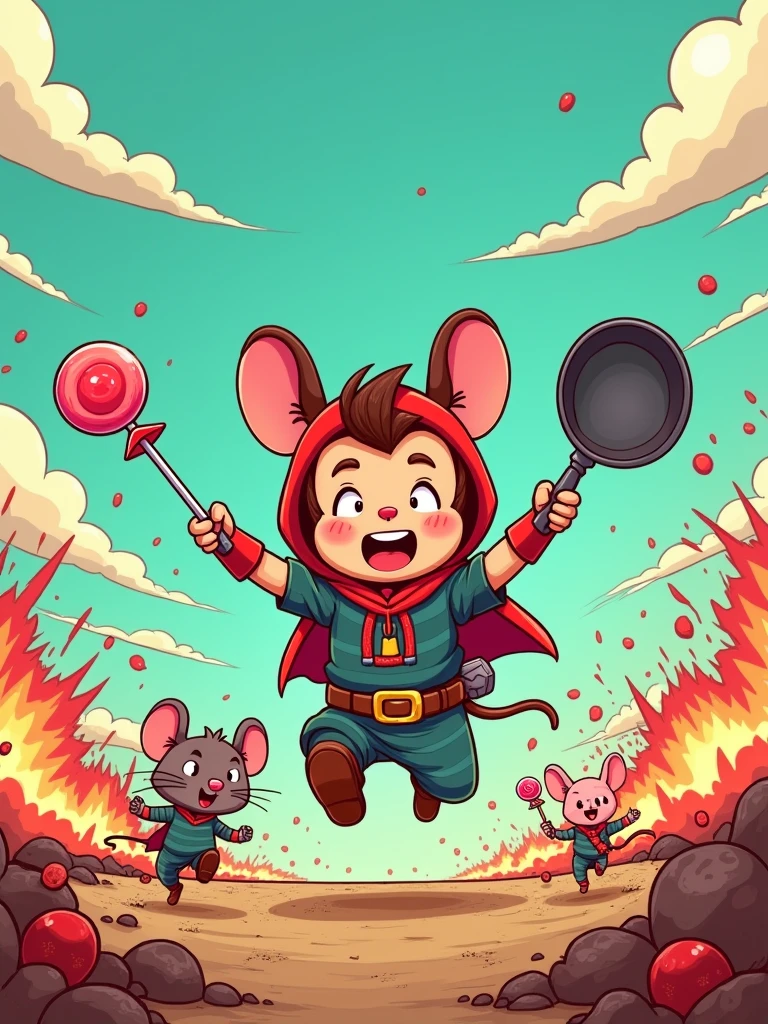 Cartoon style, battlefield, heroic spirit, includes lollipop, frying pan, pet mouse, pig, and other cartoon elements, turquoise background, red accents, a heroic cartoon character leading a charge, holding a lollipop like a sword, frying pan strapped to the back, pet mouse in a battle stance, pig companion running alongside, the battlefield is filled with whimsical destruction, cartoon-style explosions and cheerful chaos, mood of light-hearted determination and cartoonish valor, Artwork, hand-drawn illustration