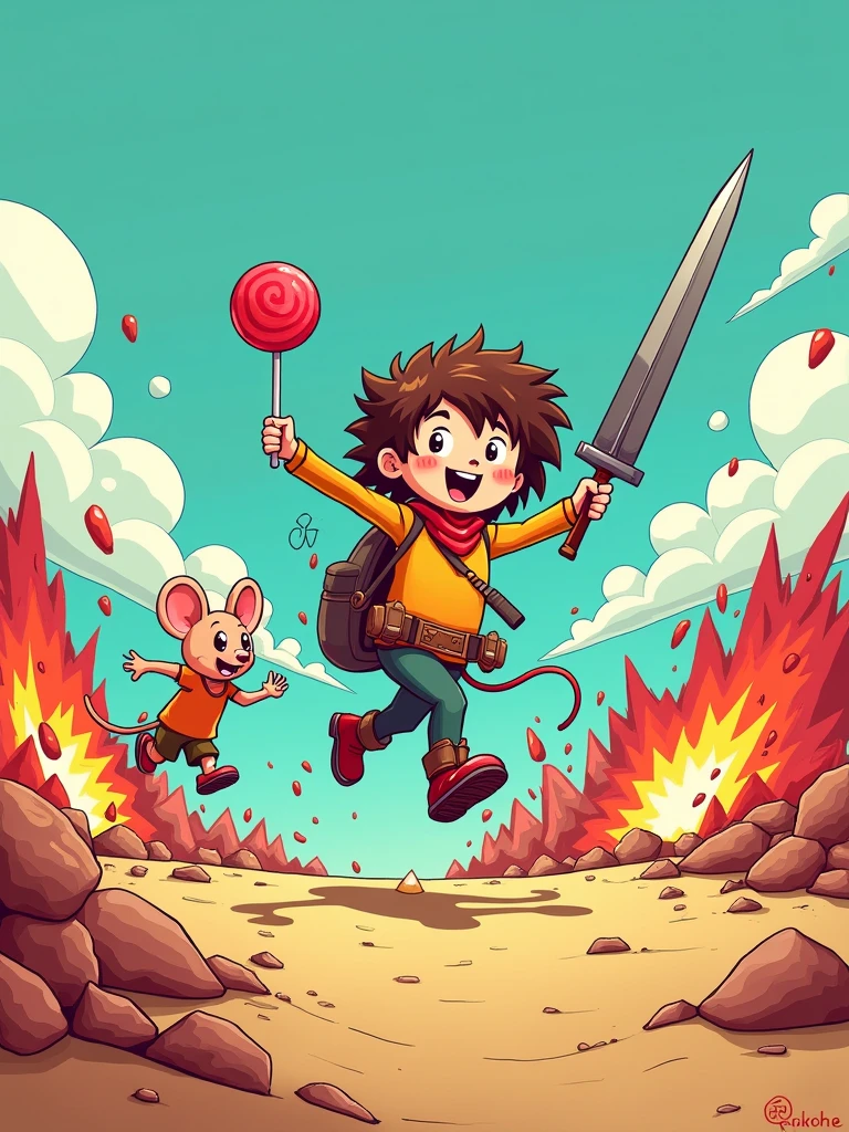 Cartoon style, battlefield, heroic spirit, includes lollipop, frying pan, pet mouse, pig, and other cartoon elements, turquoise background, red accents, a heroic cartoon character leading a charge, holding a lollipop like a sword, frying pan strapped to the back, pet mouse in a battle stance, pig companion running alongside, the battlefield is filled with whimsical destruction, cartoon-style explosions and cheerful chaos, mood of light-hearted determination and cartoonish valor, Artwork, hand-drawn illustration