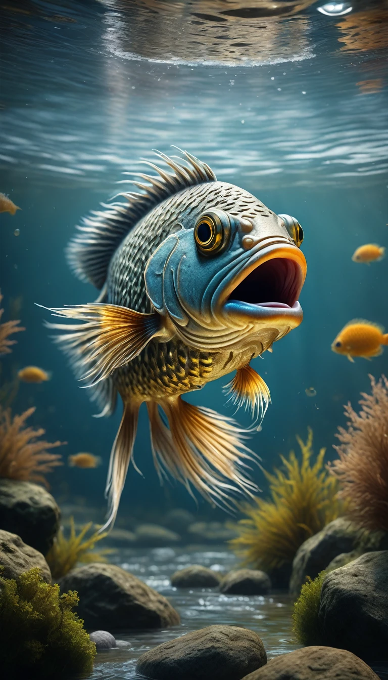 a hairy fish in the river, highly detailed, (best quality,4k,8k,highres,masterpiece:1.2),ultra-detailed,(realistic,photorealistic,photo-realistic:1.37),highly detailed animal, intricate patterns, realistic lighting, fantasy creature