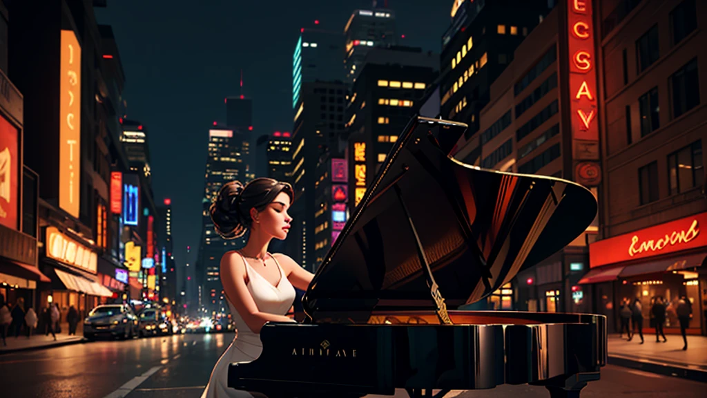 [Core Concept] A young woman playing piano in the middle of an urban street.

[Character Description] A beautiful, youthful woman with delicate features and graceful movements, her fingers dancing across the piano keys with elegant poise and concentration.

[Environment/Background] The scene takes place on a bustling urban street, surrounded by towering buildings, neon signs, and the hustle and bustle of city life. Pedestrians and vehicles weave through the background, creating a dynamic and vibrant atmosphere.

[Style and Atmosphere] The image has a dreamlike, almost surreal quality, with a soft, romantic lighting that bathes the woman and her piano in a warm, ethereal glow, contrasting with the gritty, modern urban setting.

[Composition] The woman and her piano are positioned at the center of the frame, commanding attention and creating a striking focal point. The surrounding cityscape frames and complements the central figure, drawing the viewer's eye towards the mesmerizing performance.

[Details and Embellishments] The woman's expression is one of deep focus and passion, her eyes closed as she loses herself in the music. The piano itself is a sleek, grand instrument, its glossy black surface reflecting the lights of the city.

[Technical Specifications] The image is rendered in a photorealistic style, with a high level of detail and attention to lighting, texture, and perspective, creating a sense of immersion and realism.