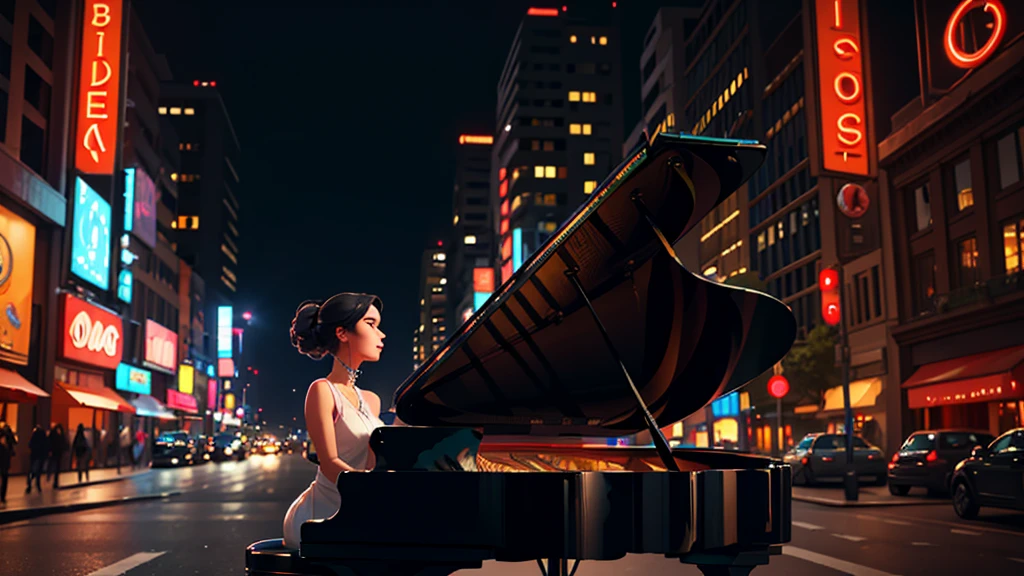 [Core Concept] A young woman playing piano in the middle of an urban street.

[Character Description] A beautiful, youthful woman with delicate features and graceful movements, her fingers dancing across the piano keys with elegant poise and concentration.

[Environment/Background] The scene takes place on a bustling urban street, surrounded by towering buildings, neon signs, and the hustle and bustle of city life. Pedestrians and vehicles weave through the background, creating a dynamic and vibrant atmosphere.

[Style and Atmosphere] The image has a dreamlike, almost surreal quality, with a soft, romantic lighting that bathes the woman and her piano in a warm, ethereal glow, contrasting with the gritty, modern urban setting.

[Composition] The woman and her piano are positioned at the center of the frame, commanding attention and creating a striking focal point. The surrounding cityscape frames and complements the central figure, drawing the viewer's eye towards the mesmerizing performance.

[Details and Embellishments] The woman's expression is one of deep focus and passion, her eyes closed as she loses herself in the music. The piano itself is a sleek, grand instrument, its glossy black surface reflecting the lights of the city.

[Technical Specifications] The image is rendered in a photorealistic style, with a high level of detail and attention to lighting, texture, and perspective, creating a sense of immersion and realism.