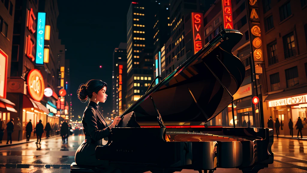 [Core Concept] A young woman playing piano in the middle of an urban street.

[Character Description] A beautiful, youthful woman with delicate features and graceful movements, her fingers dancing across the piano keys with elegant poise and concentration.

[Environment/Background] The scene takes place on a bustling urban street, surrounded by towering buildings, neon signs, and the hustle and bustle of city life. Pedestrians and vehicles weave through the background, creating a dynamic and vibrant atmosphere.

[Style and Atmosphere] The image has a dreamlike, almost surreal quality, with a soft, romantic lighting that bathes the woman and her piano in a warm, ethereal glow, contrasting with the gritty, modern urban setting.

[Composition] The woman and her piano are positioned at the center of the frame, commanding attention and creating a striking focal point. The surrounding cityscape frames and complements the central figure, drawing the viewer's eye towards the mesmerizing performance.

[Details and Embellishments] The woman's expression is one of deep focus and passion, her eyes closed as she loses herself in the music. The piano itself is a sleek, grand instrument, its glossy black surface reflecting the lights of the city.

[Technical Specifications] The image is rendered in a photorealistic style, with a high level of detail and attention to lighting, texture, and perspective, creating a sense of immersion and realism.