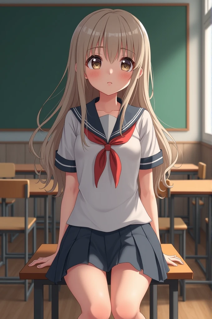 superfine illustration, Perfect Anatomy, Best Quality, Hires, amazing shading, Beautiful skin, 1  girl, School Uniforms , Full body, A smile、In the classroom of  the school、the pose、行走