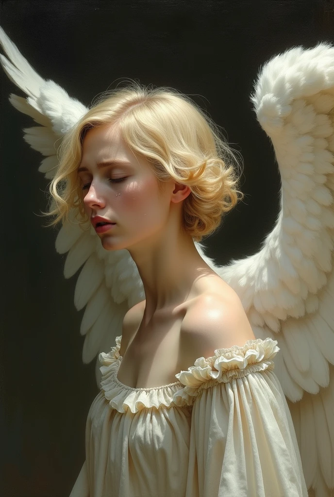 a angel with huge white wings, side profile, blond short hair, closing her eyes, female figure, renaissance style painting, tears on face, sad face expression, deep and gloomy vibe, obssessed with love, dangerous, broken heart, crying, face closed-up