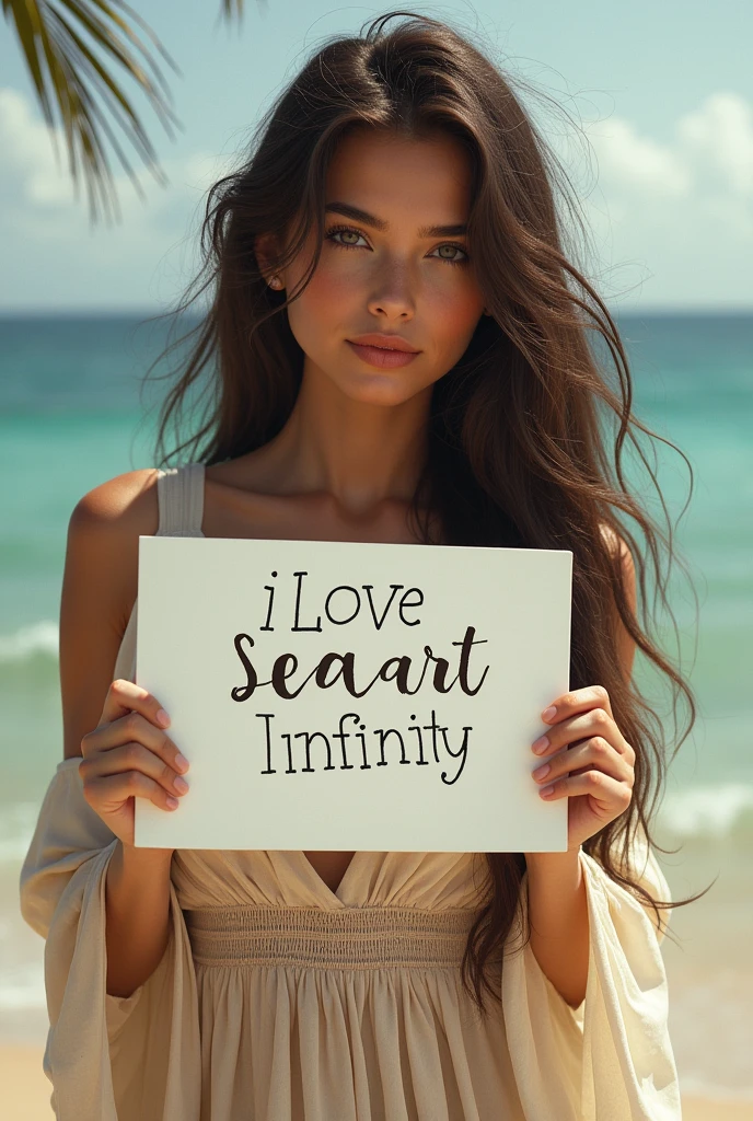 Beautiful girl with wavy long hair, bohemian dress, holding a white board with text "I Love Seaart Infinity" and showing it to the viewer