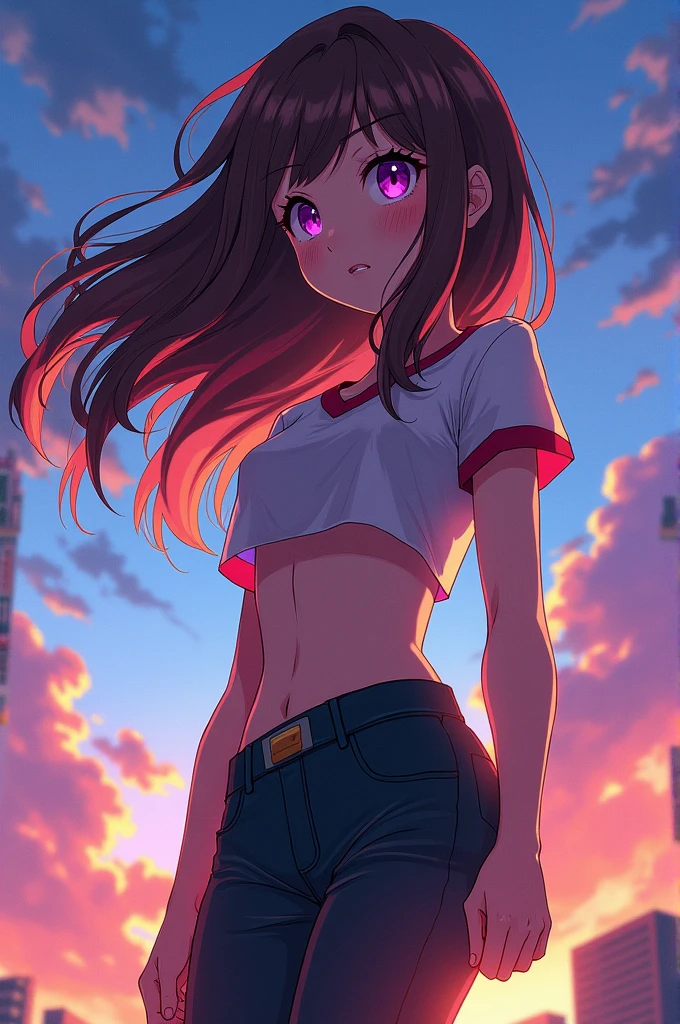 An anime girl from buko no hero academia with brown hair, purple eyes