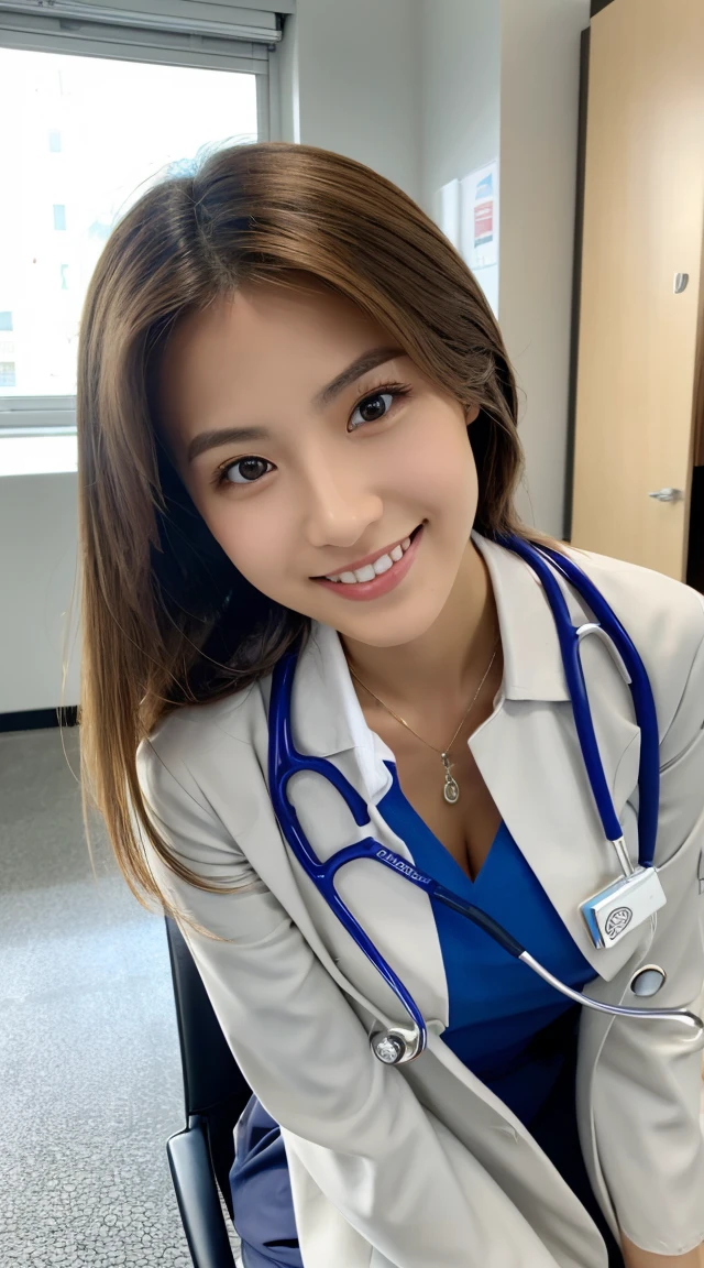 Female doctor wearing a doctor's coat, doctor's coat, cleavage visible, sitting on a chair in the exam room, from above, selfie style photo, 1 man and woman (smile: 1.1), slim face, the most beautiful woman in the world, Super detailed face, detailed eyes, double eyelids, kamimei, perfect teeth, perfect teeth, (glowing skin), (tanned skin), (realistic skin), long hair, architecturally correct buildings, clean Space, background blur, full body Ezbian, frontage, slim face, light-colored clothes, smile, Tokina style, wearing doctor's coat, AT-X 11-16mm f/2.8 PRO DX II, UHD image, salon style, aurora punk, shiny eyes, matte photo, Zeiss Battis 18mm f/2.8