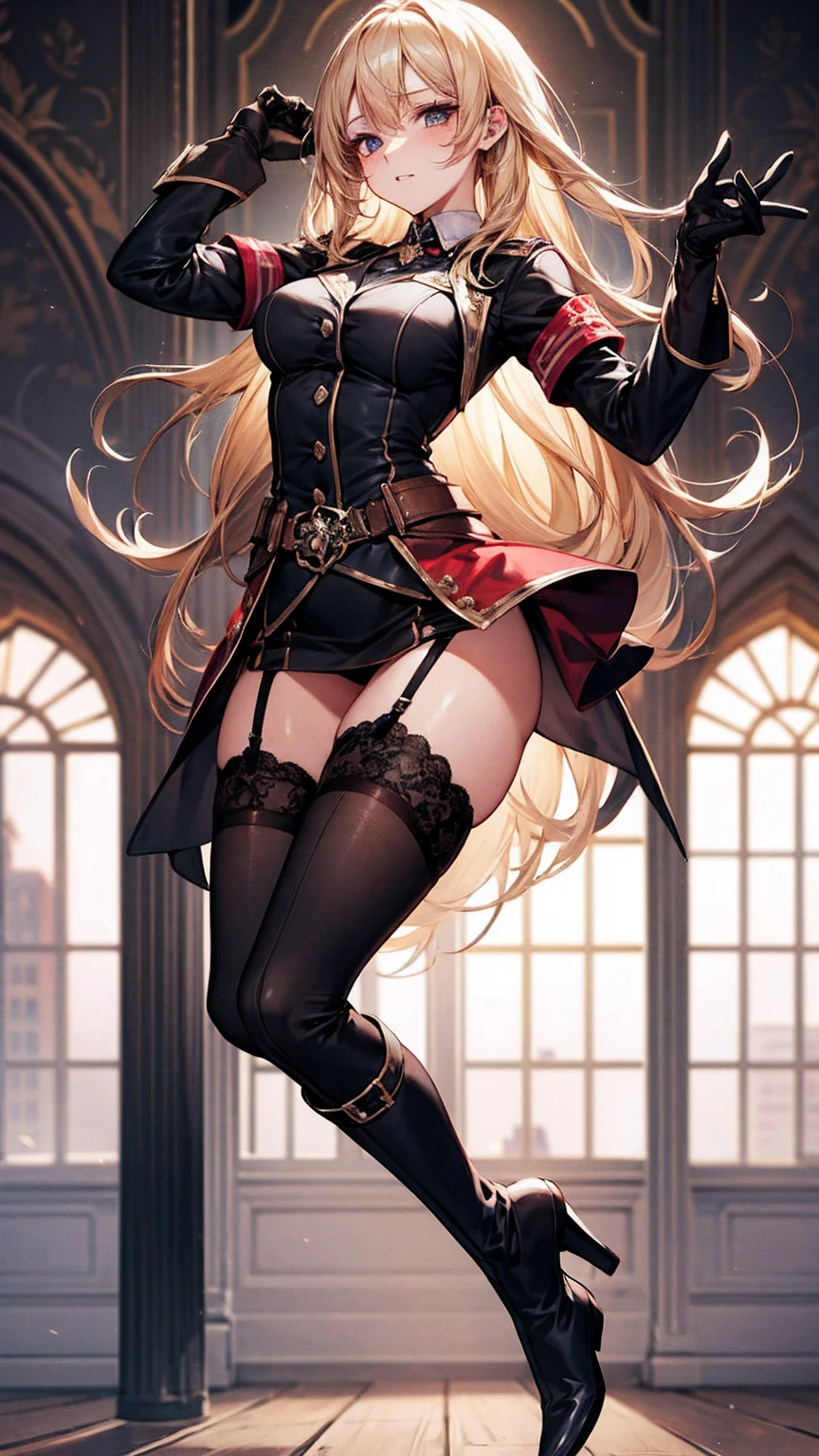 long gloves up to the elbow、uniform、Overbearing、Blonde、whole body、Knee-high boots、sexy、Sexy、garter belt