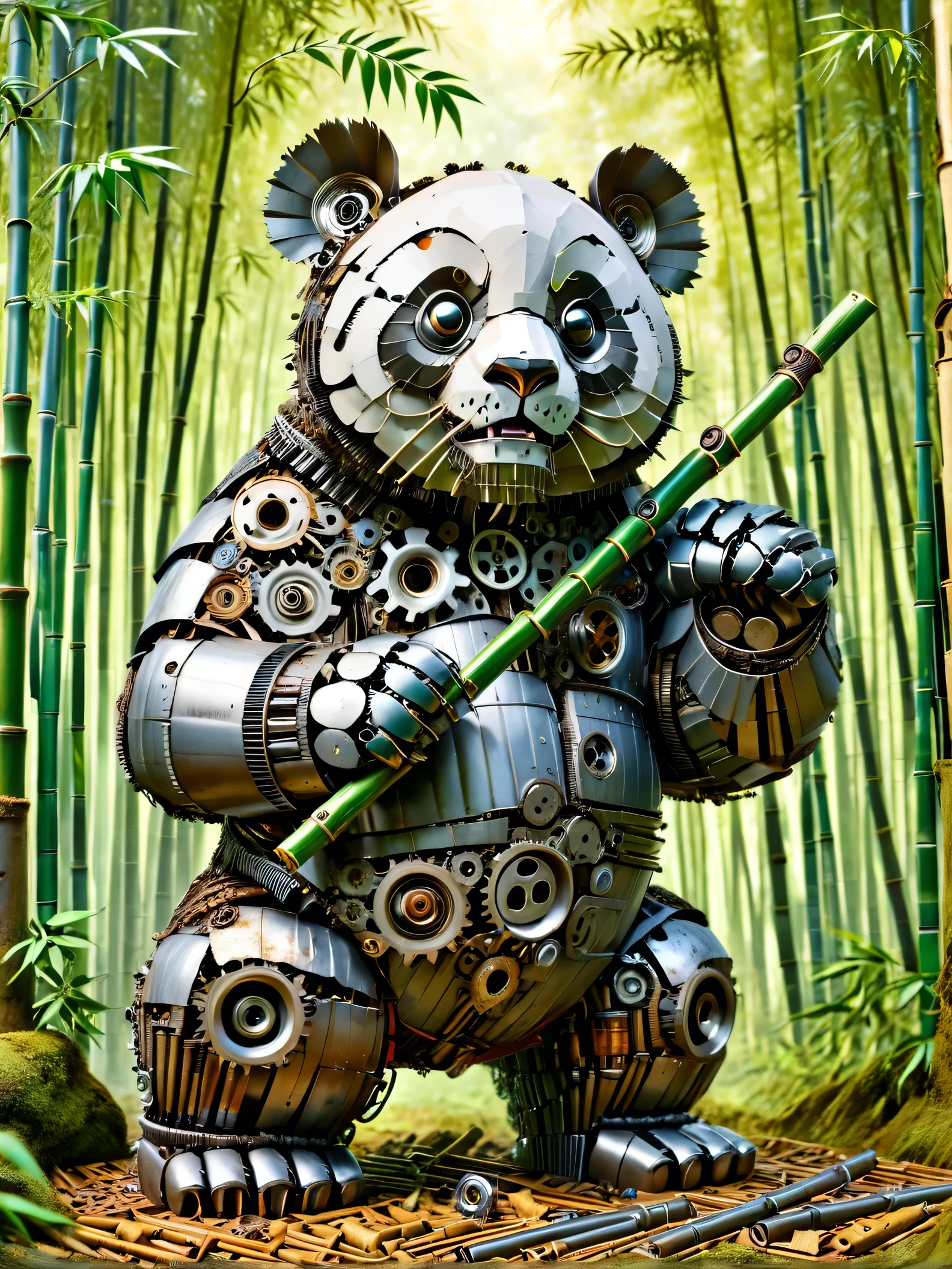 ais-scrapyrd panda, Standing in a bamboo forest,Eating mechanical bamboo