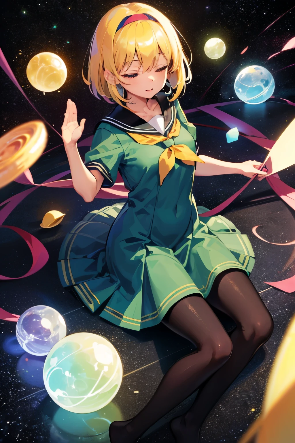 Gemstones Space Background Both eyes closed Meditating on the floor One girl、solo、pantyhose、Blonde Hair、hair band、short hair、Short sleeve、黒いhair band、Green Dress、Sailor collar、黒いpantyhose、黄色のneckerchief、Sailor Dress、bangs、neckerchief、Small breasts