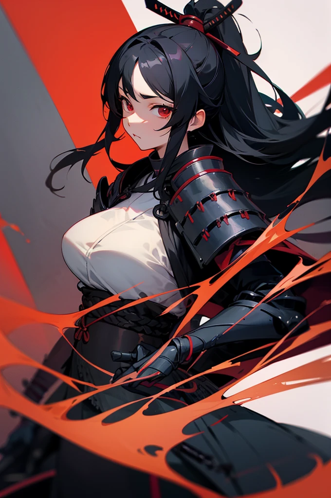 Woman samurai armor long black hair red eyes big breast village
