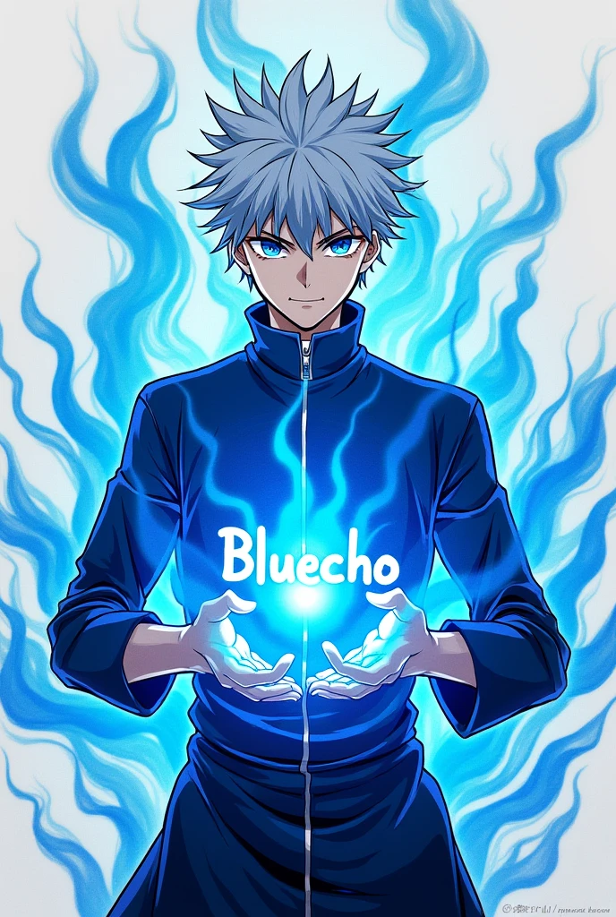a picture of gojo who is cool of jujutsu kaisen with his blue attack and the name bluecho at the middle of the profile picture