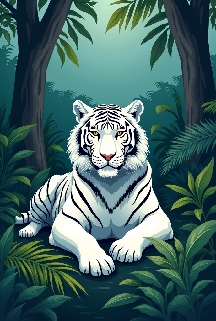 A drawing of a white tiger lying with a jungle background , simple
